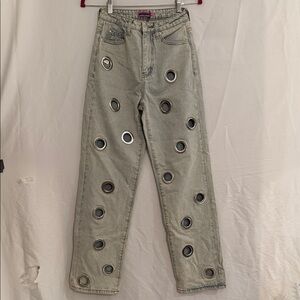 Edikted Gray Straight Leg Jeans with Grommet Accents